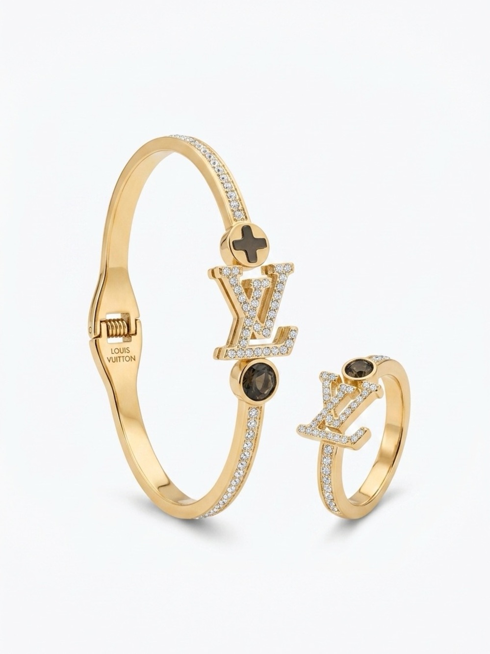 Fashion Jewelry Gold-Tone Crystal LV Bracelet and Ring Set